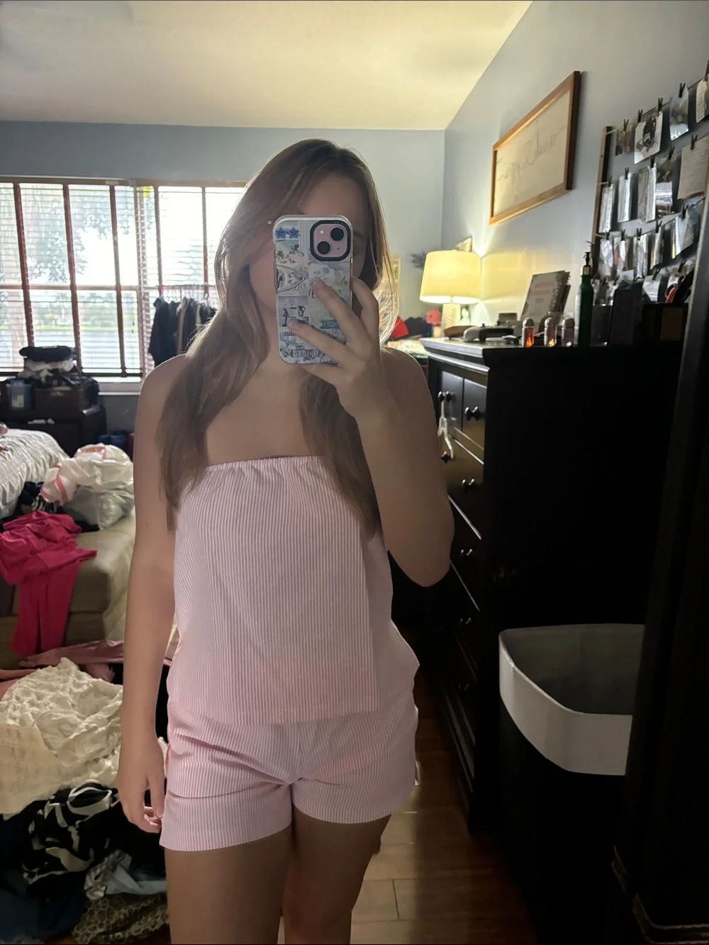 Striped Pink Tube Top and Elastic Waist Shorts Set